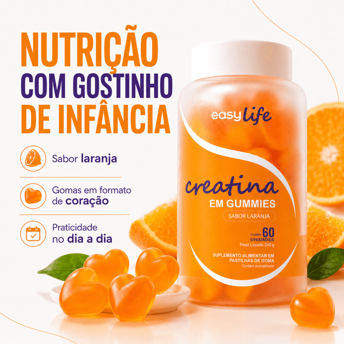 Creatina Monohidratada em Gummies Easy Life Sabor Laranja 60 Gomas