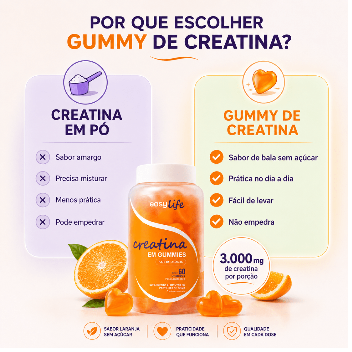 Creatina Monohidratada em Gummies Easy Life Sabor Laranja 60 Gomas