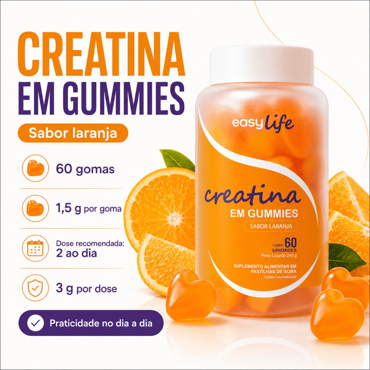 Creatina Monohidratada em Gummies Easy Life Sabor Laranja 60 Gomas