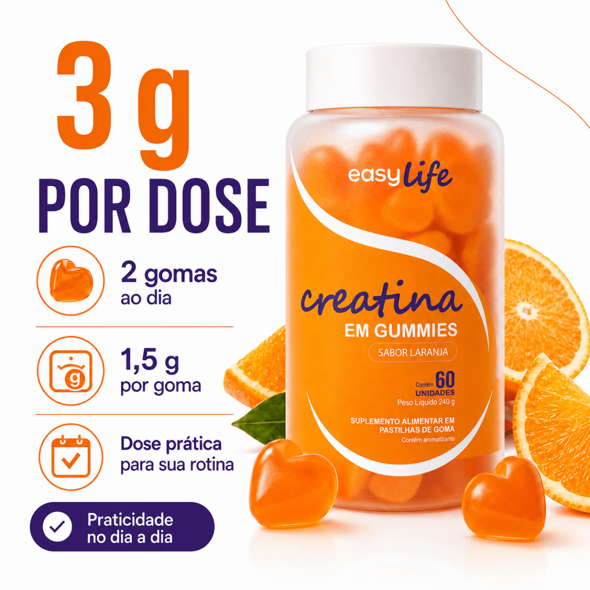 Creatina Monohidratada em Gummies Easy Life Sabor Laranja 60 Gomas