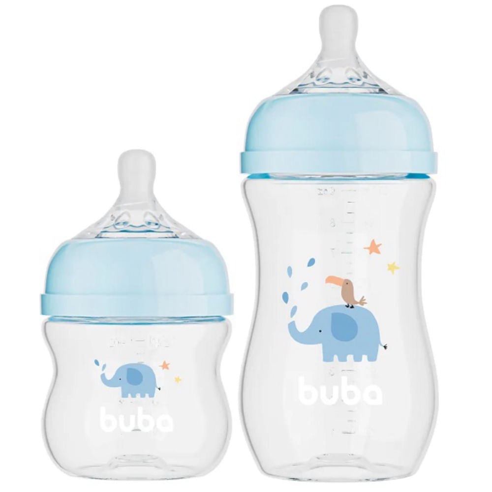 Kit 2 Mamadeira EAsy Flow Elefante Azul 120ML e 270ML Anticolica Buba