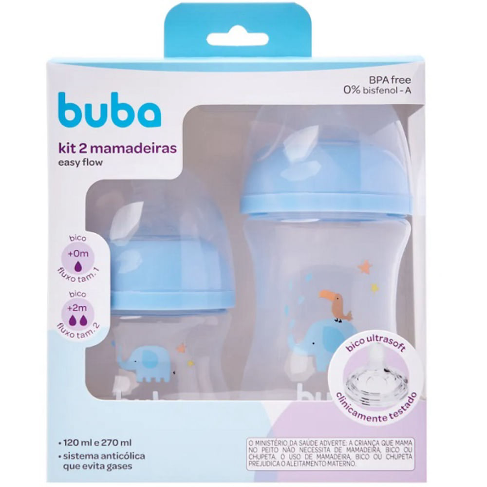 Kit 2 Mamadeira EAsy Flow Elefante Azul 120ML e 270ML Anticolica Buba