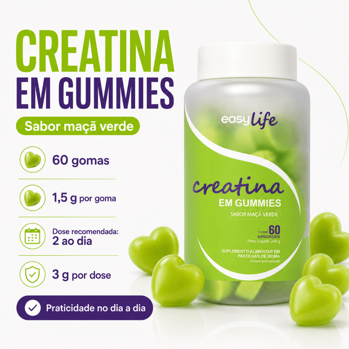 Creatina Monohidratada Gummies Easy Life Sabor Maçã Verde 60 Gomas
