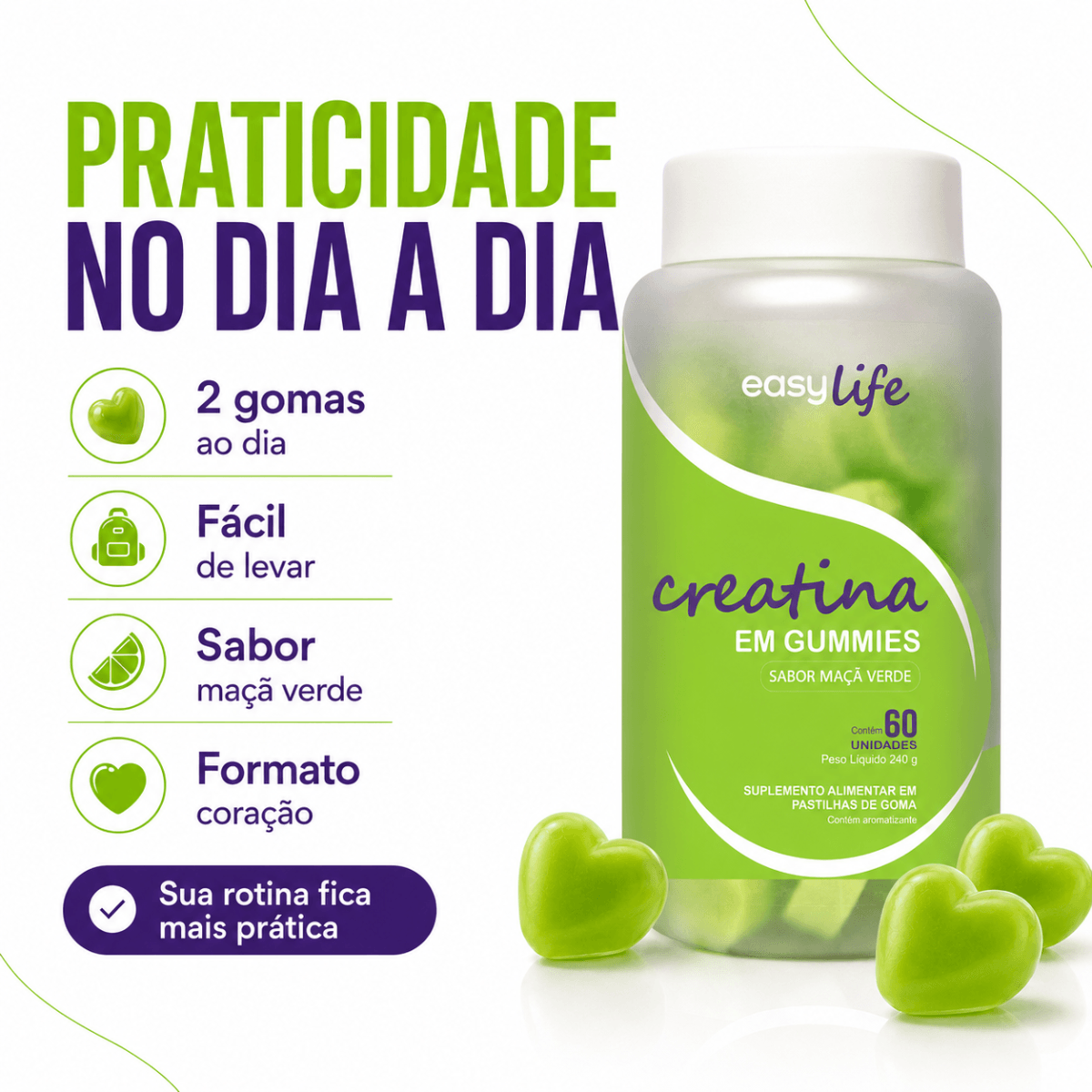 Creatina Monohidratada Gummies Easy Life Sabor Maçã Verde 60 Gomas