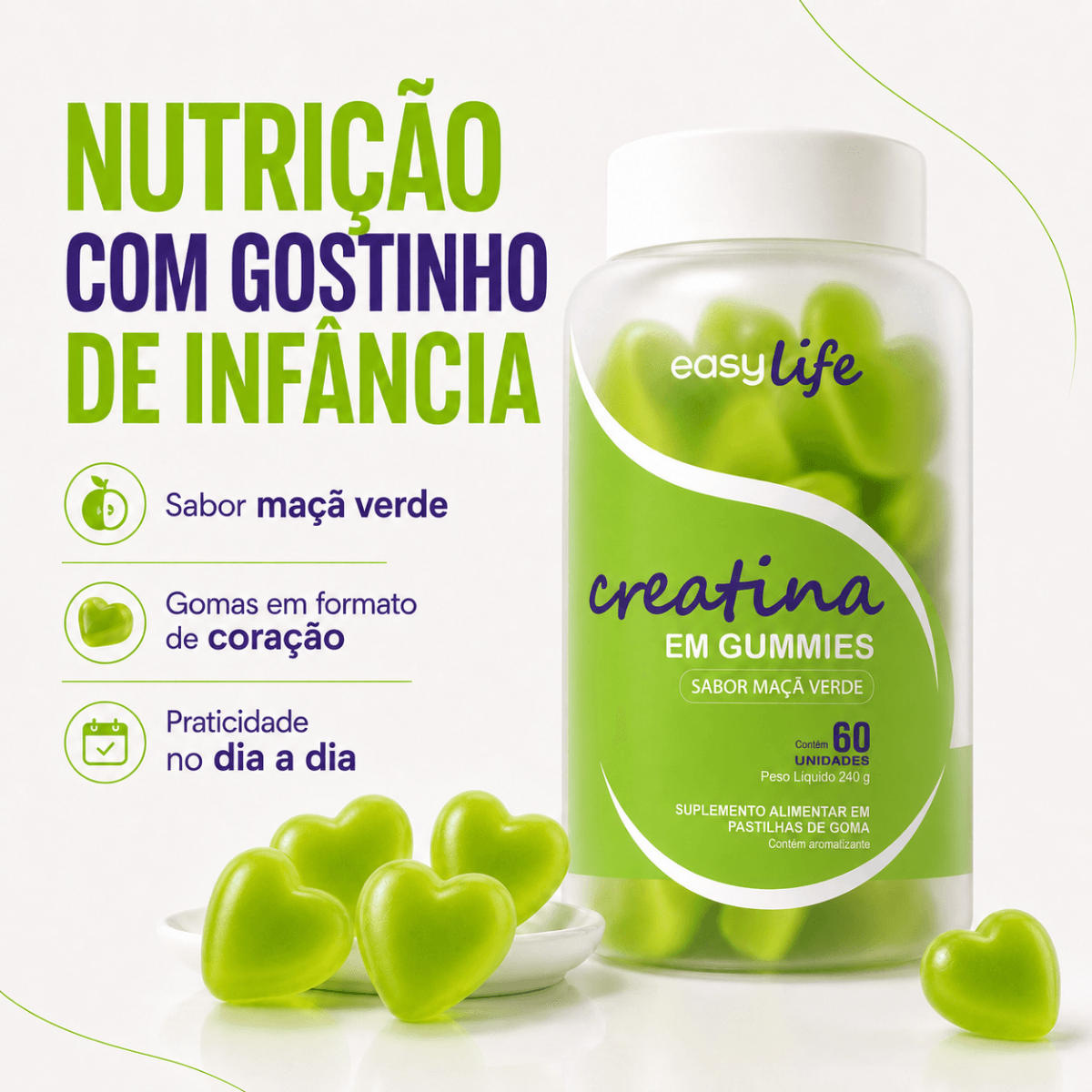 Creatina Monohidratada Gummies Easy Life Sabor Maçã Verde 60 Gomas