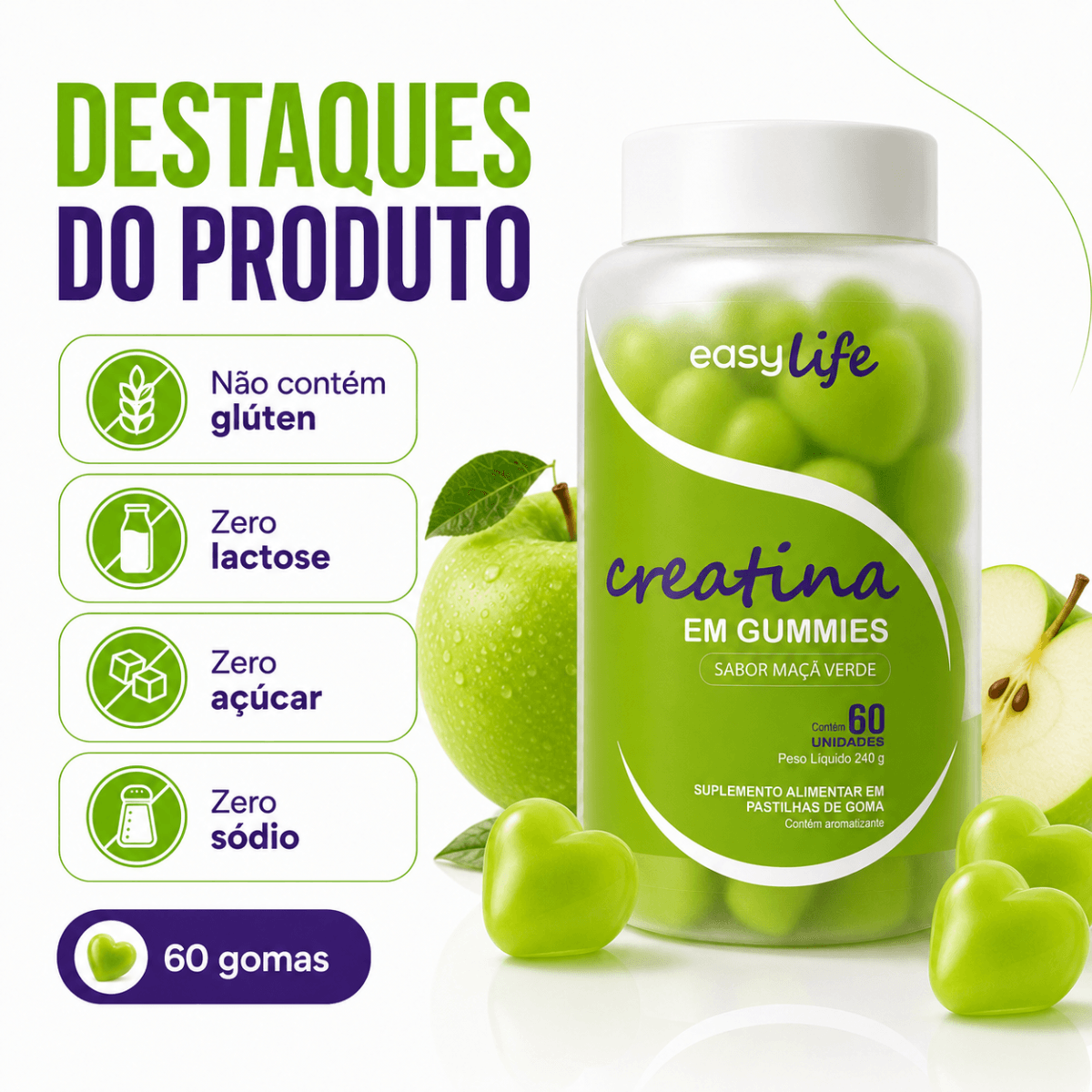 Creatina Monohidratada Gummies Easy Life Sabor Maçã Verde 60 Gomas