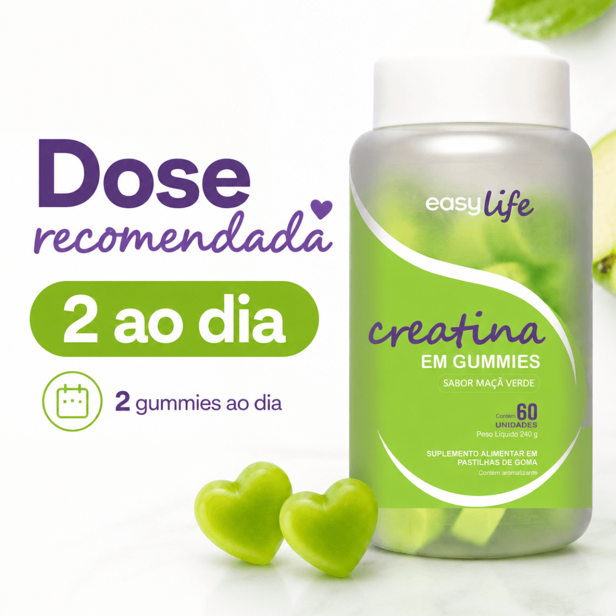 Creatina Monohidratada Gummies Easy Life Sabor Maçã Verde 60 Gomas