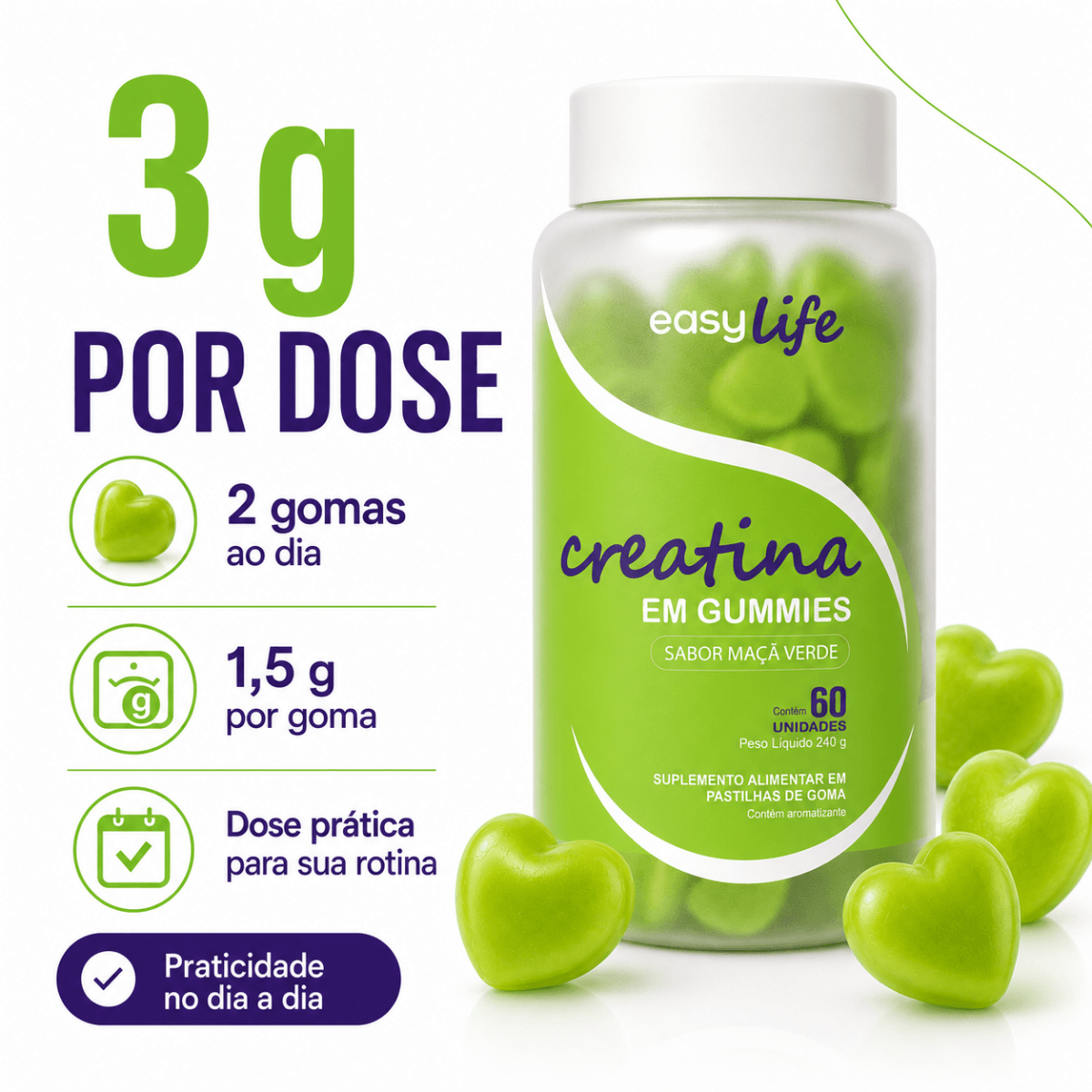 Creatina Monohidratada Gummies Easy Life Sabor Maçã Verde 60 Gomas