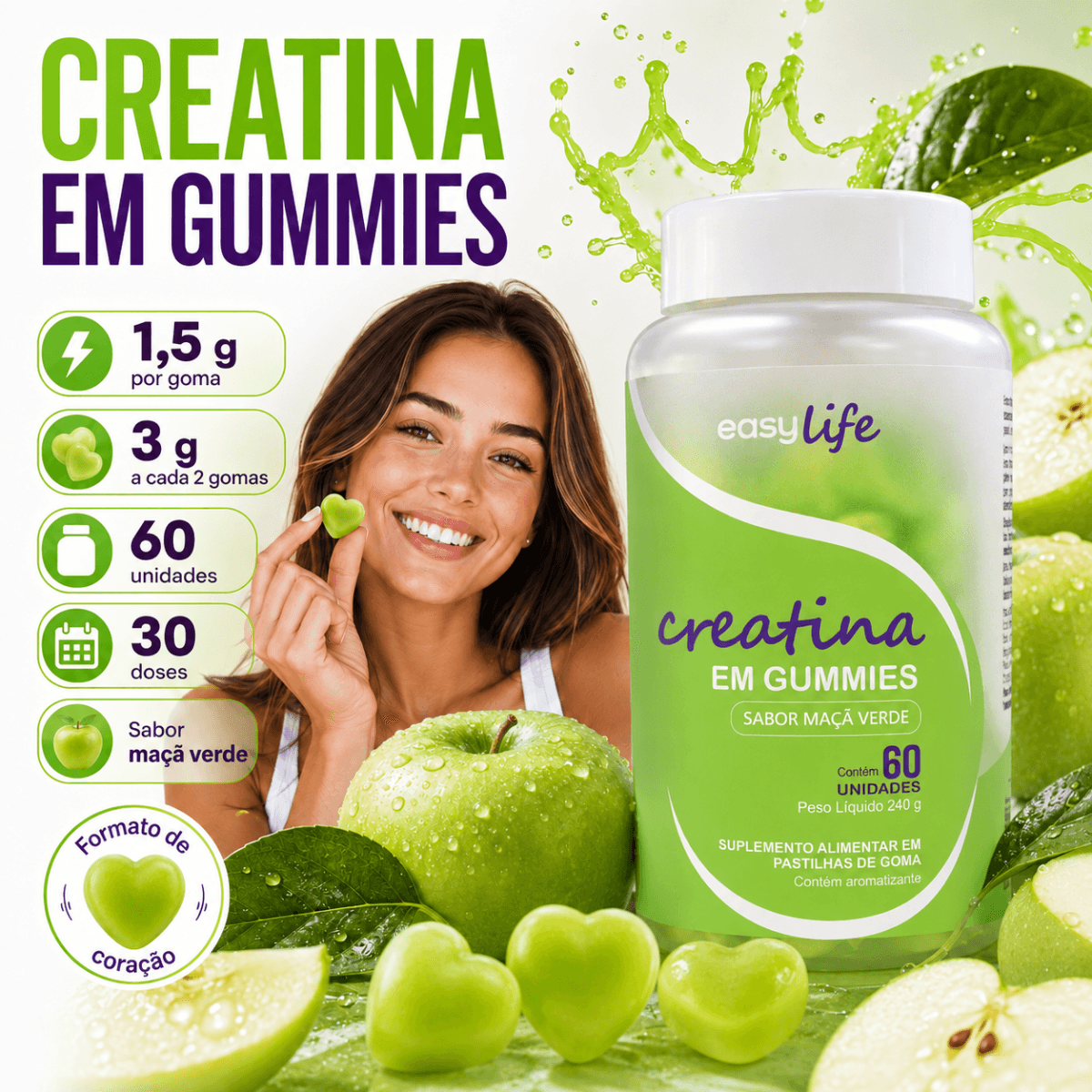 Creatina Monohidratada Gummies Easy Life Sabor Maçã Verde 60 Gomas
