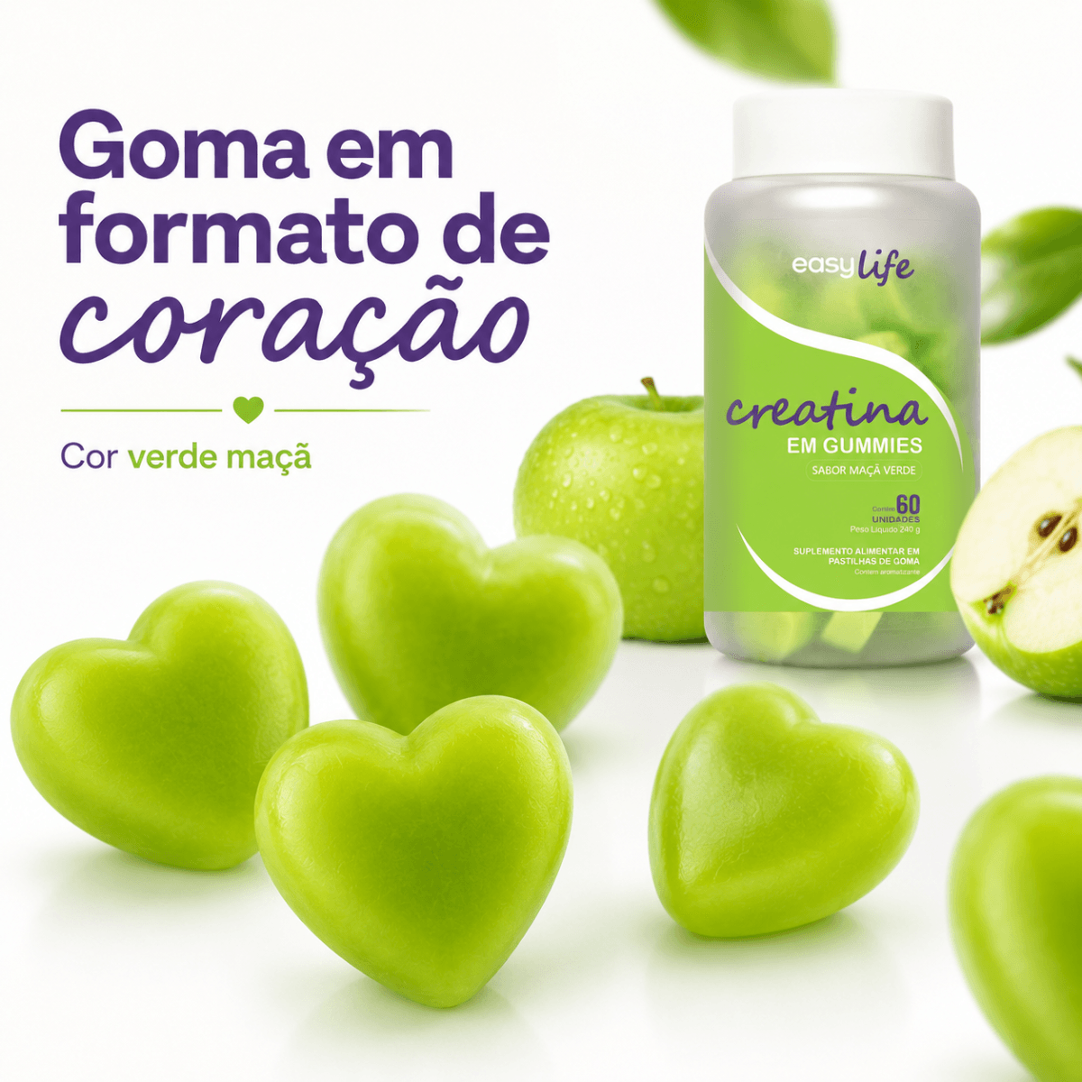 Creatina Monohidratada Gummies Easy Life Sabor Maçã Verde 60 Gomas