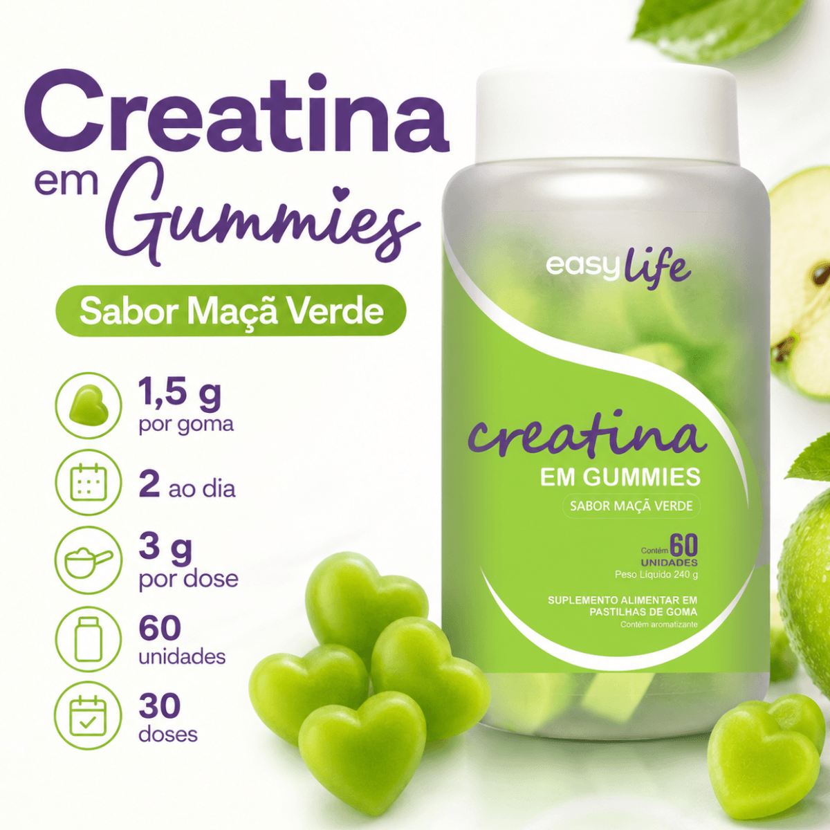 Creatina Monohidratada Gummies Easy Life Sabor Maçã Verde 60 Gomas