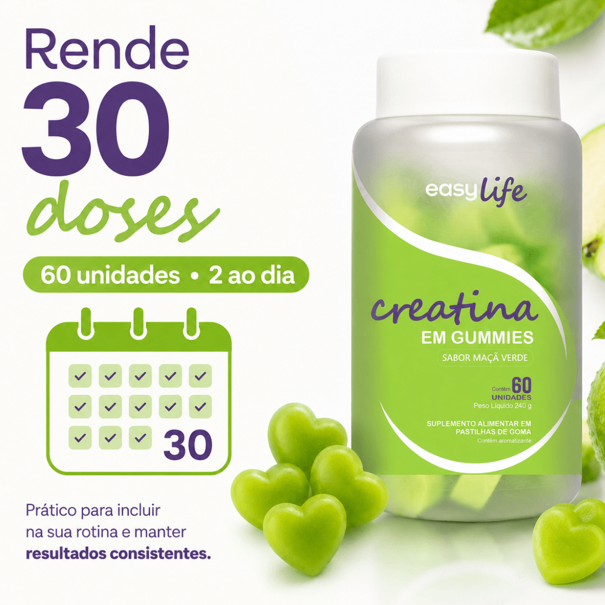 Creatina Monohidratada Gummies Easy Life Sabor Maçã Verde 60 Gomas
