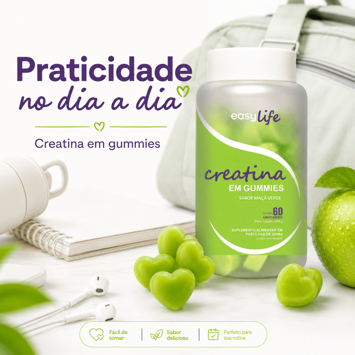 Creatina Monohidratada Gummies Easy Life Sabor Maçã Verde 60 Gomas