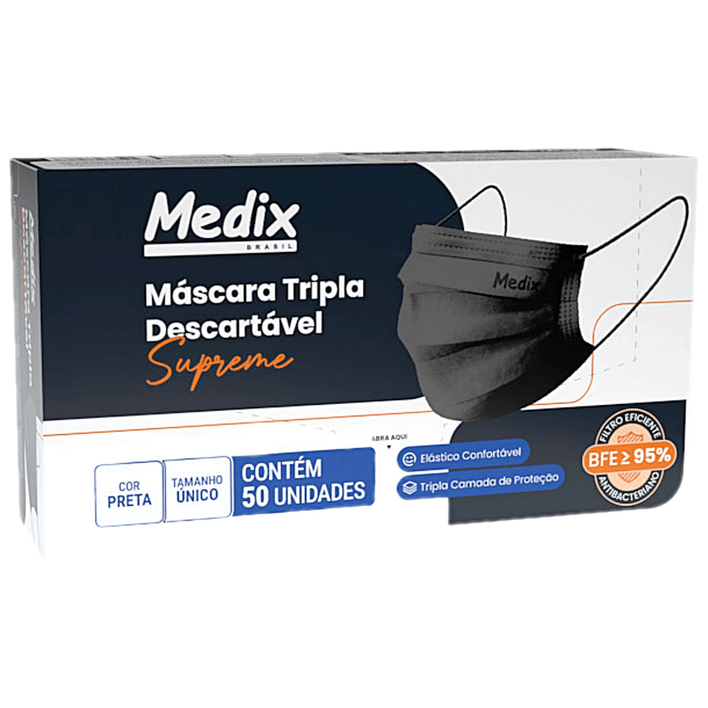 Máscara Tripla Descartável Supreme Preta 50 unidades