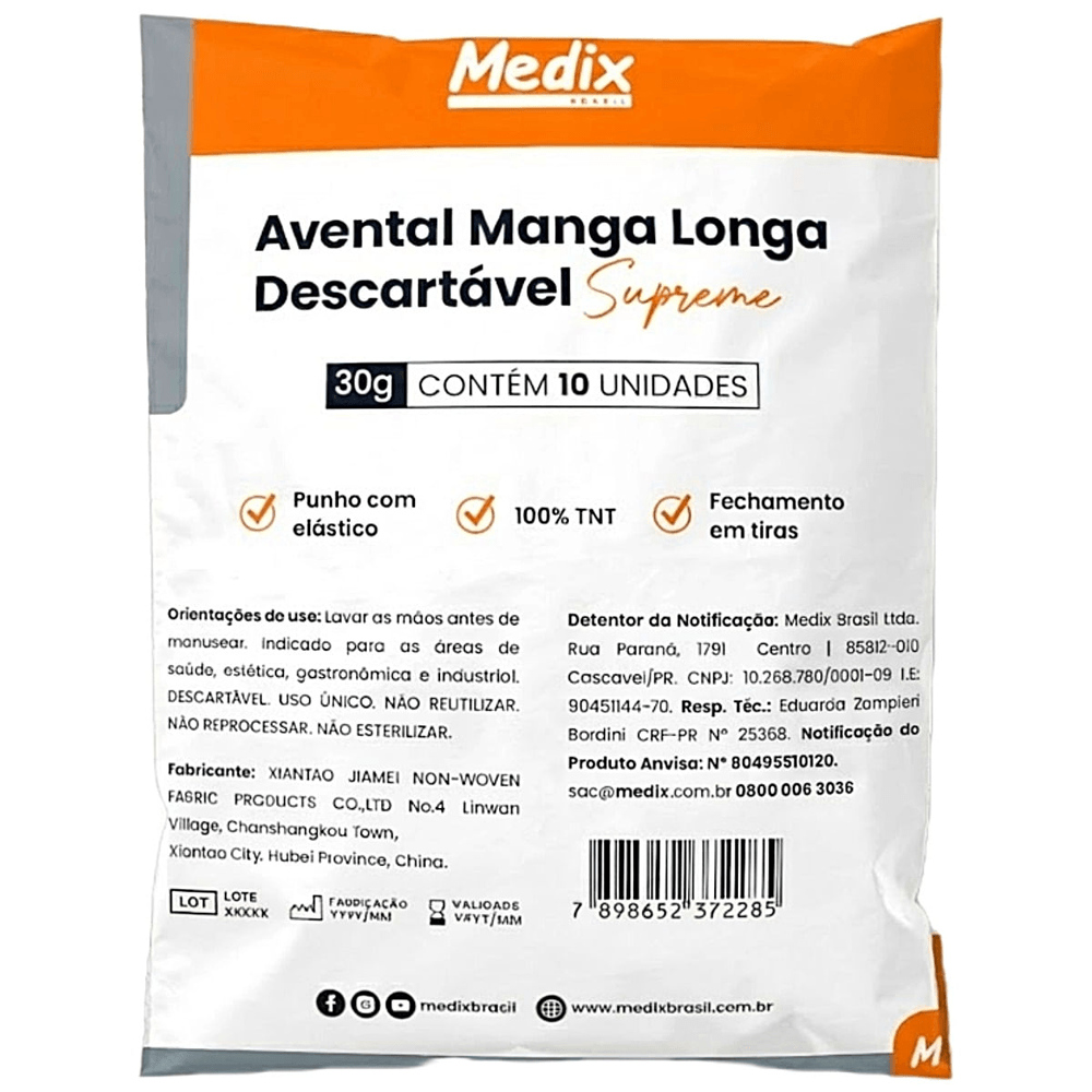 Avental Manga Longa Descartável Supreme 30g 10 Unidades