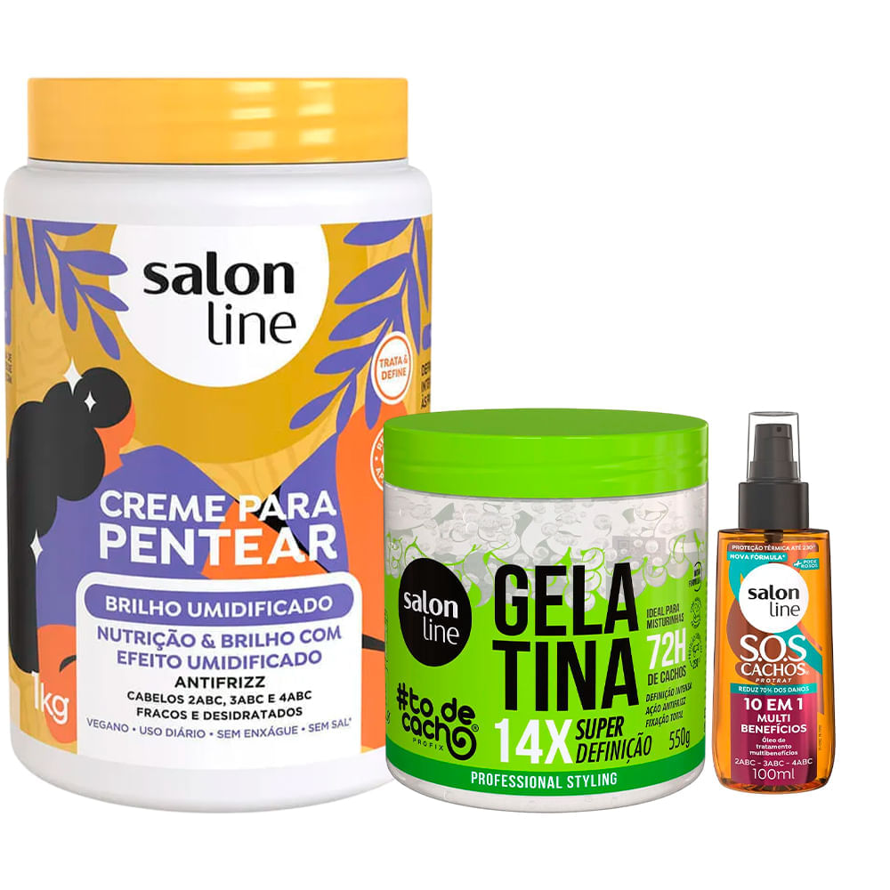 Kit Salon Line Creme De Pentear Brilho Umidificado 1kg + Gelatina #todecacho Super Definição 550g + Óleo Capilar Multi Benefícios 100ml