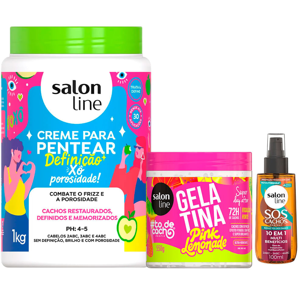 Kit Salon Line Creme De Pentear Xô Porosidade! Definição E Selagem Máxima 1kg + Gelatina #todecacho Pink Lemonade 550g + Óleo Capilar Multi Benefícos 100ml