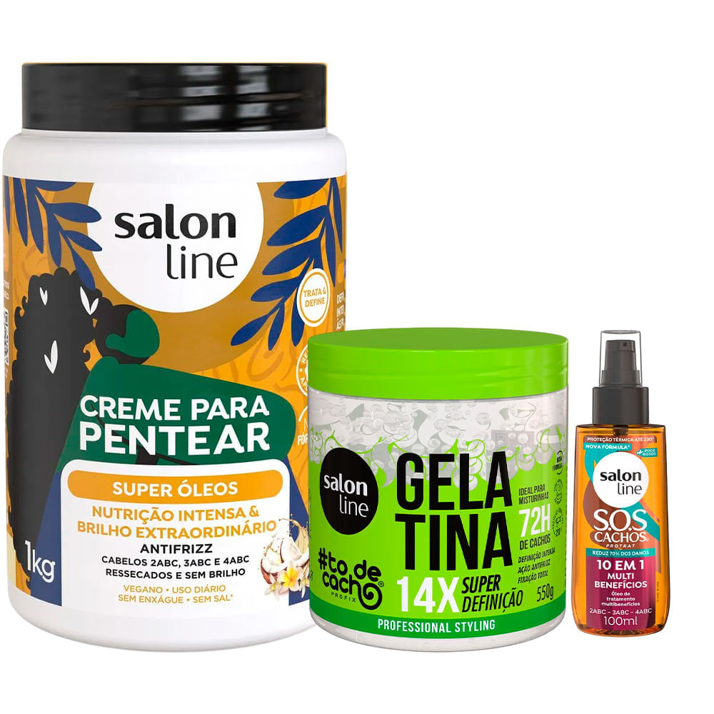 Kit Salon Line #todecacho Super Óleos Creme De Pentear 1kg + Gelatina Super Definição 550g + Óleo Capilar Multi Benefícios 100ml