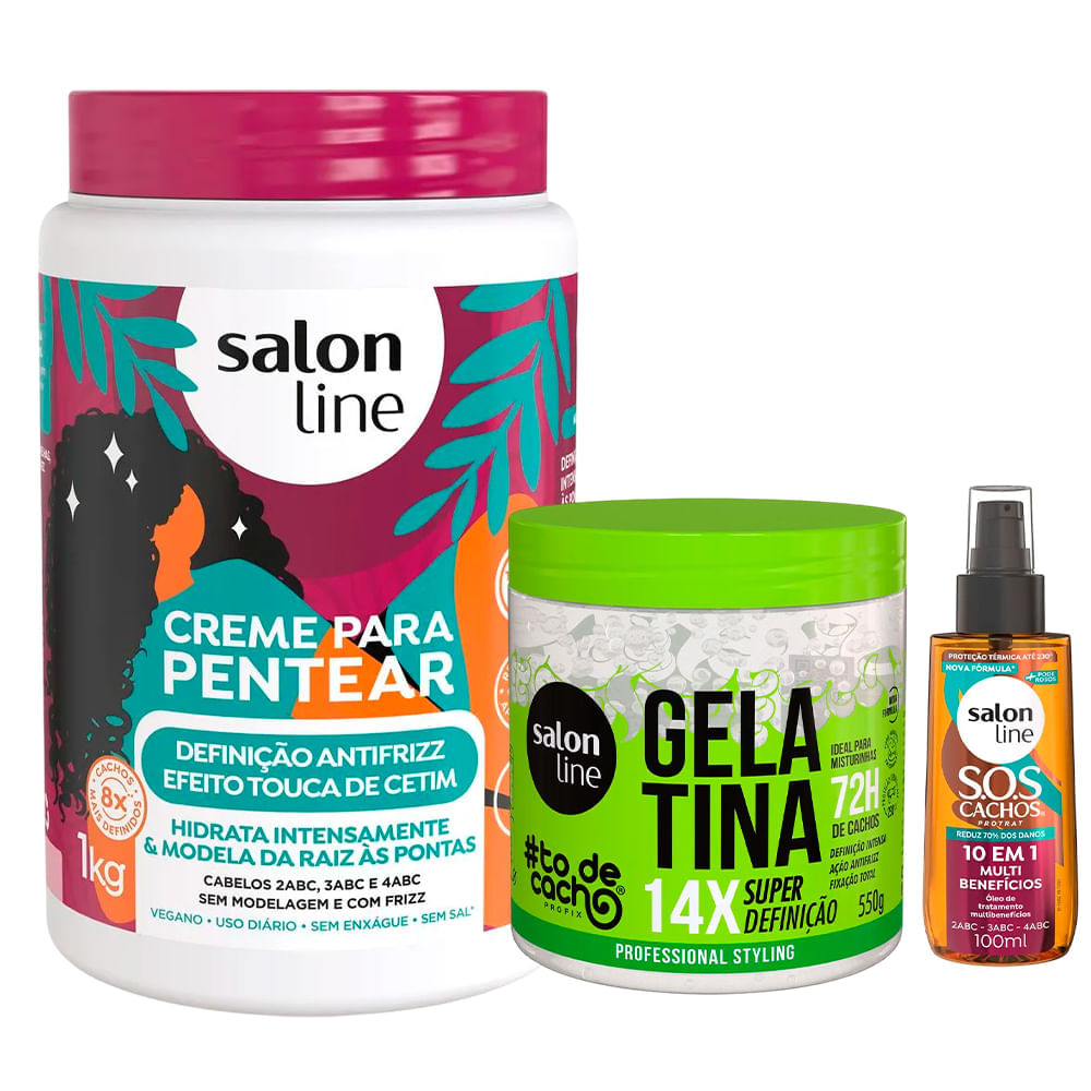 Kit Salon Line Creme De Pentear Definição Antifrizz 1kg + Gelatina #todecacho Super Definição 550g + Óleo Capilar Multi Benefícios 100ml