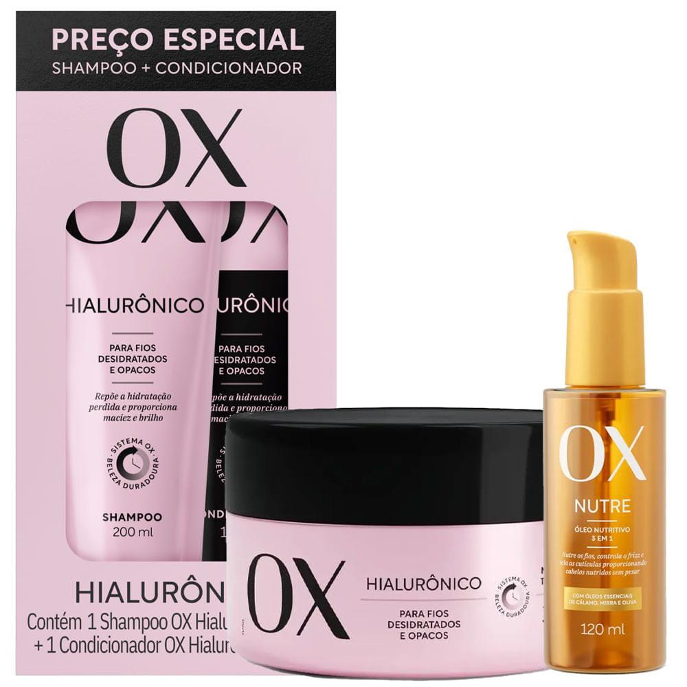 Kit Ox Hialurônico Shampoo 200ml + Condicionador 170ml + Máscara De Tratamento 300g + Óleo Capilar 3 Em 1 120ml