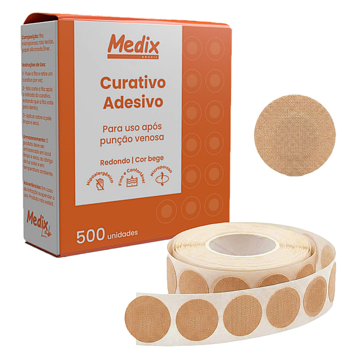 Curativo Adesivo Pós-punção Bege Redondo Medix 500 Unidades