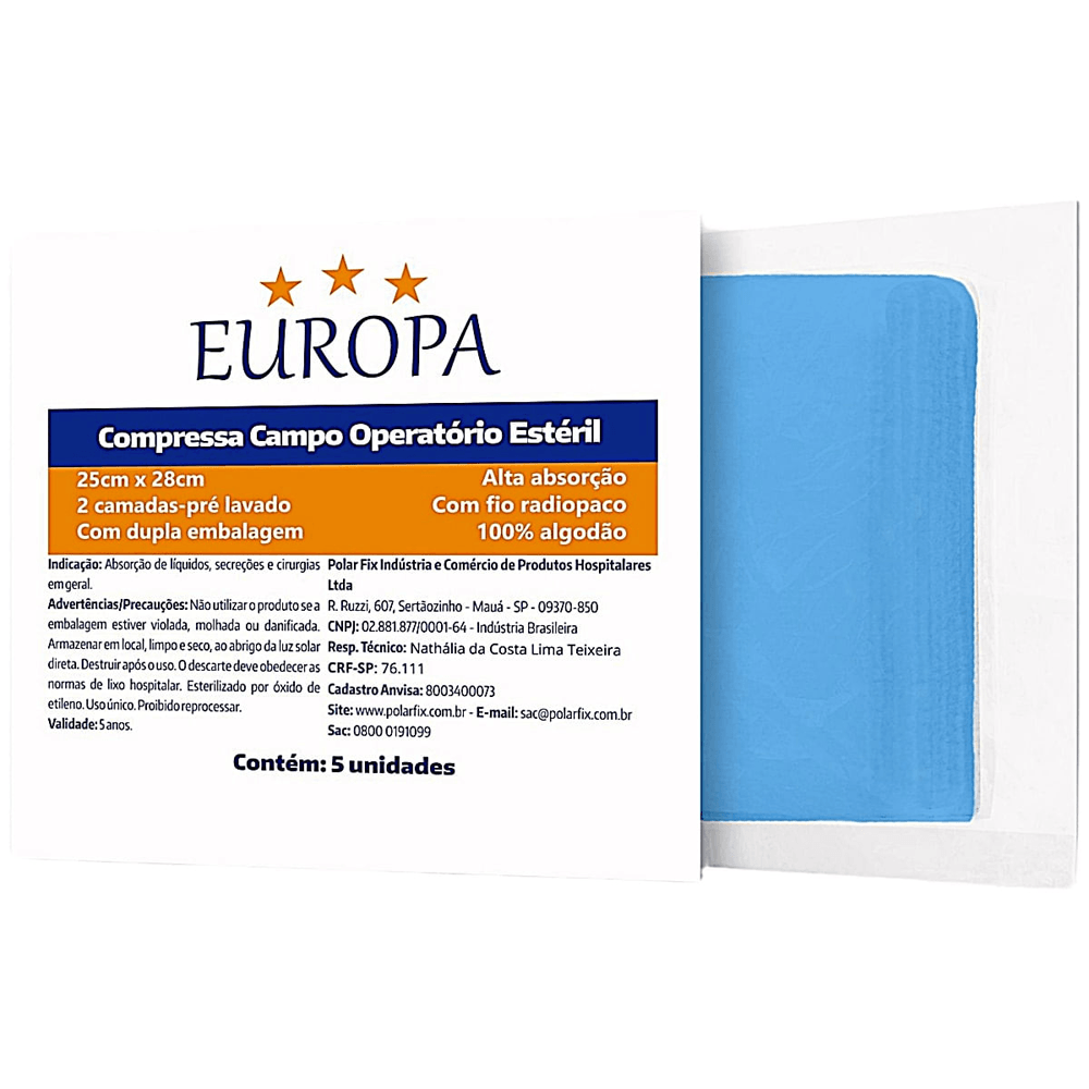 Compressa Campo Operatório Europa Estéril 25x28cm Com RX 5 Unidades