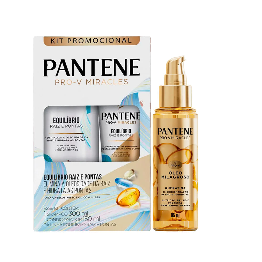 Kit Equilíbrio Pantene Shampoo 300ml + Condicionador 150ml + Óleo Milagroso Queratina 95ml