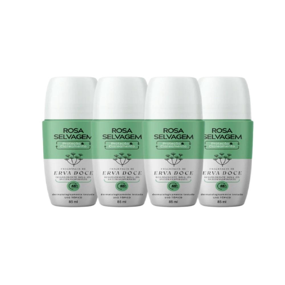 Kit 4 Desodorantes Roll-on Clareador Rosa Selvagem Erva Doce 85ml