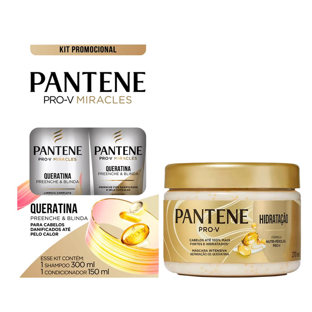 Kit Queratina Pantene Shampoo 300ml + Condicionador 150ml + Máscara Capilar Hidratação 270ml