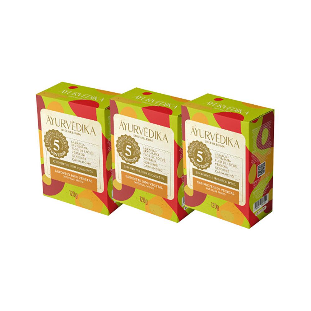 Kit 3 Sabonetes Barra 100% Vegetais Mystical Wood Ayurvédika 120g