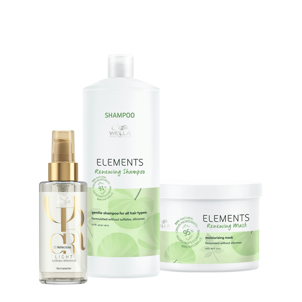Kit Dupla de Salão Elements Renewing Shampoo 1L + Máscara Capilar 500ml + Óleo Capilar Oil Light Wella Professionals 100ml