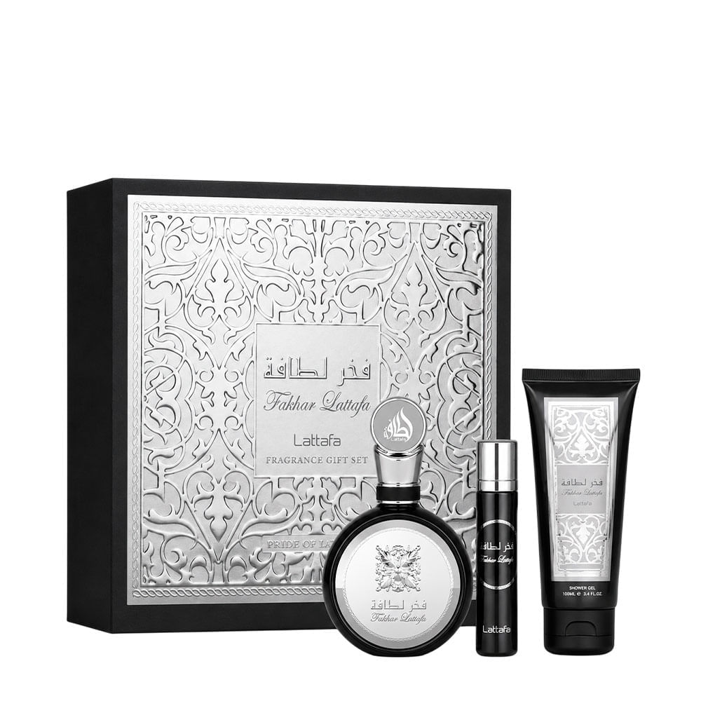 Kit Árabe Lattafa Fakhar Black Masculino Eau De Parfum 100ml + Miniatura 12ml + Shower Gel 100ml