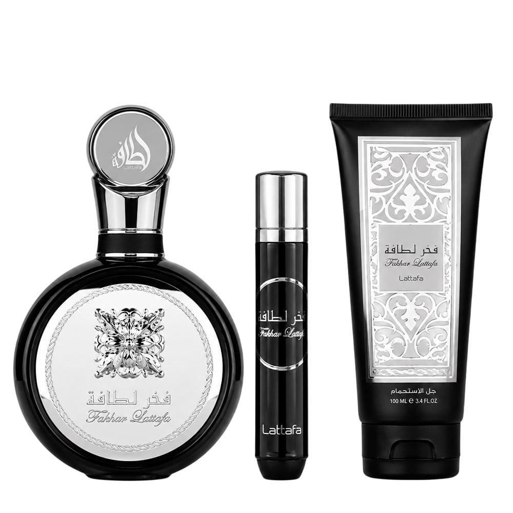 Kit Árabe Lattafa Fakhar Black Masculino Eau de Parfum 100ml + Miniatura 12ml + Shower Gel 100ml