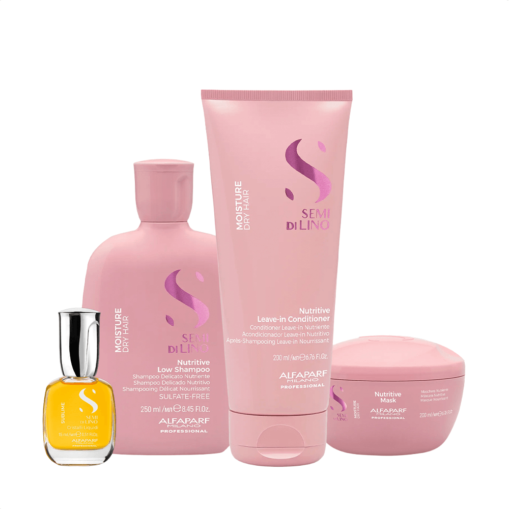 Kit Semi Di Lino Moisture E Sublime Alfaparf Shampoo 250ml + Máscara 200ml + Leave-in 200ml + Óleo 15ml