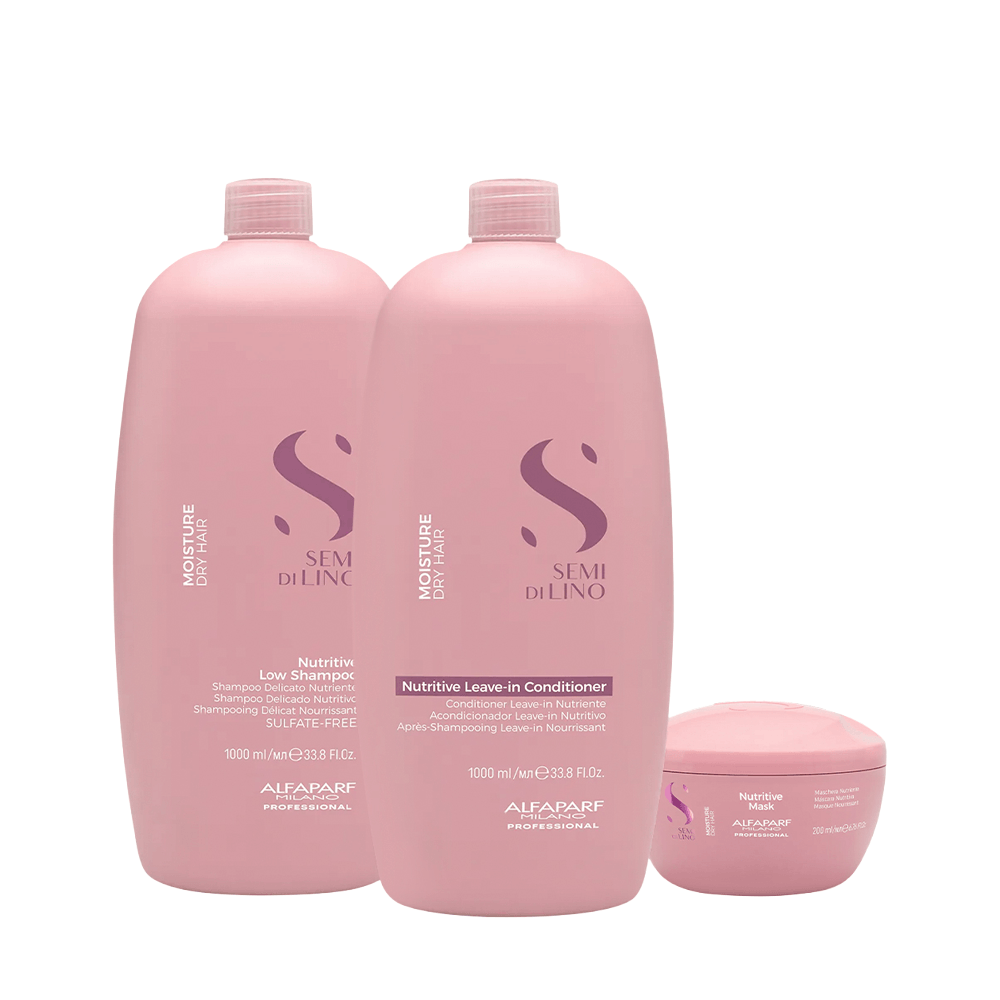 Kit Semi di Lino Moisture Nutritive Alfaparf Shampoo 1L + Máscara 200ml + Leave-in 1L