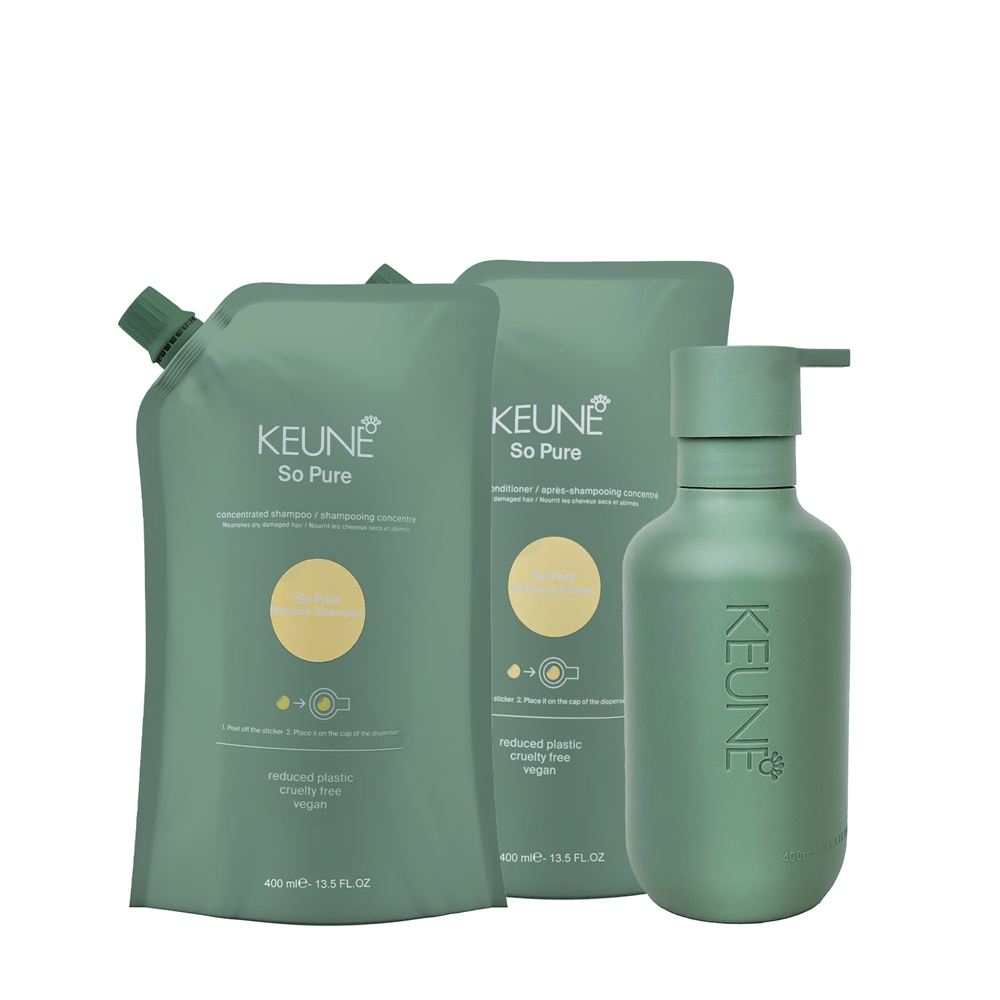 Kit So Pure Restore Keune Refil Shampoo 400ml + Refil Condicionador 400m + Frasco com Pump