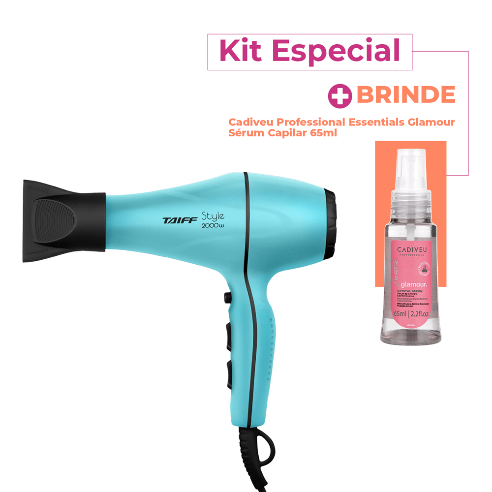 Kit Secador Tiffany Style Taiff 2000w 220v Azul + Sérum Capilar Essentials Glamour Cadiveu 65ml