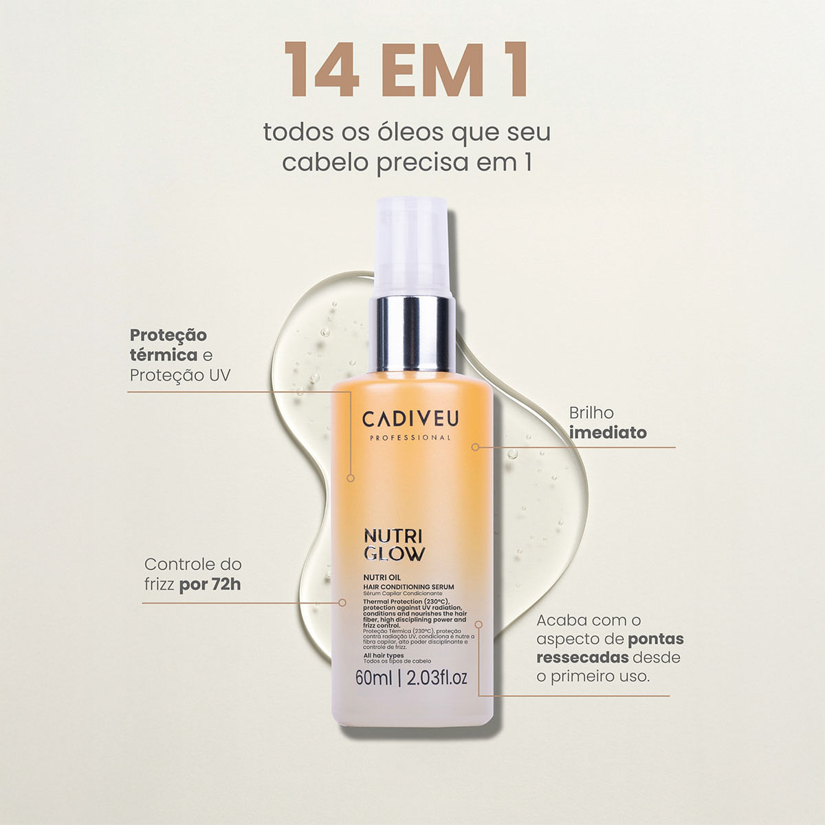 Kit Nutri Glow Cadiveu Shampoo 250ml + Condicionador 250ml + Máscara Nutritiva 200ml + Fluído de Tratamento 200ml + Óleo Capilar 60ml