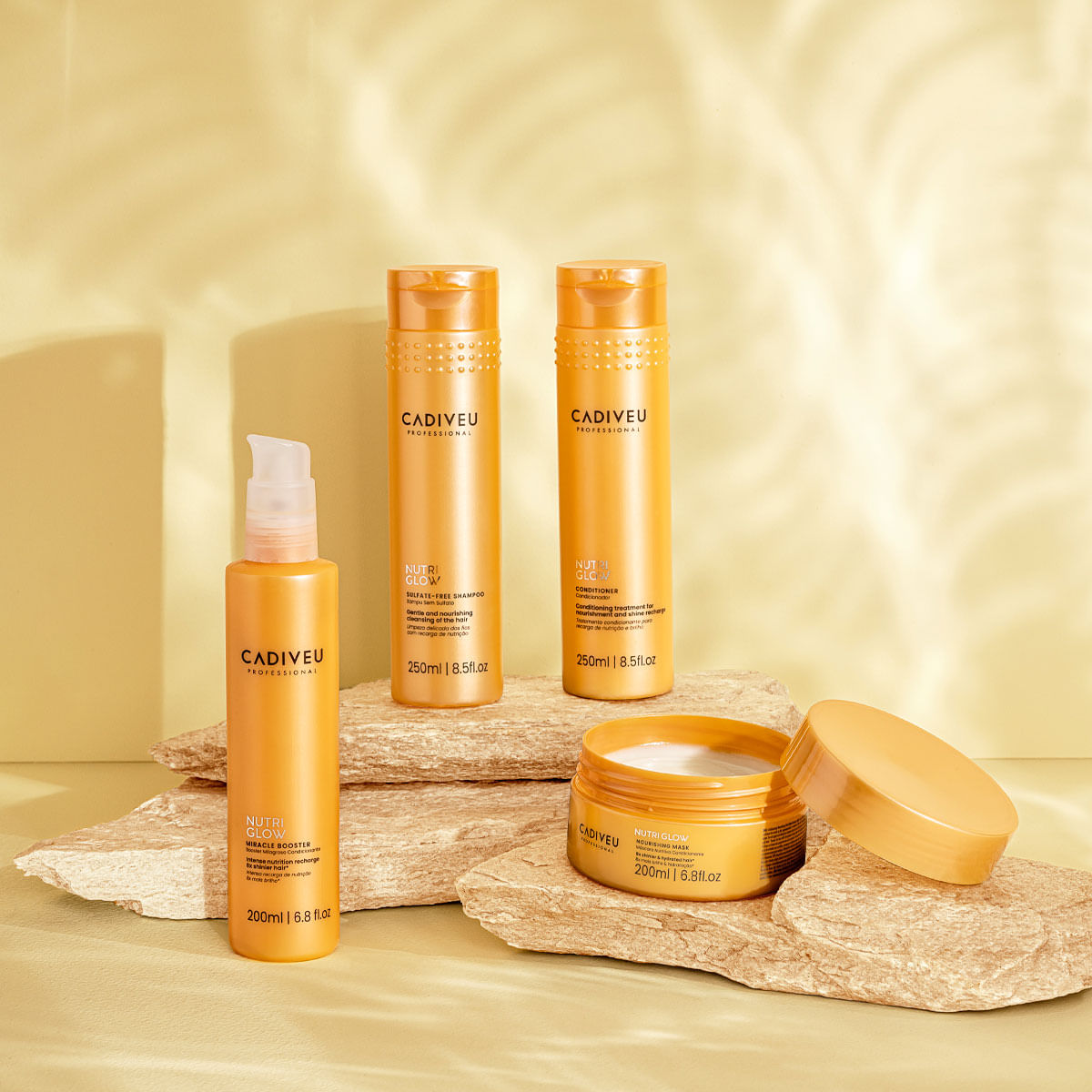 Kit Nutri Glow Cadiveu Shampoo 250ml + Condicionador 250ml + Máscara Nutritiva 200ml + Fluído de Tratamento 200ml + Óleo Capilar 60ml