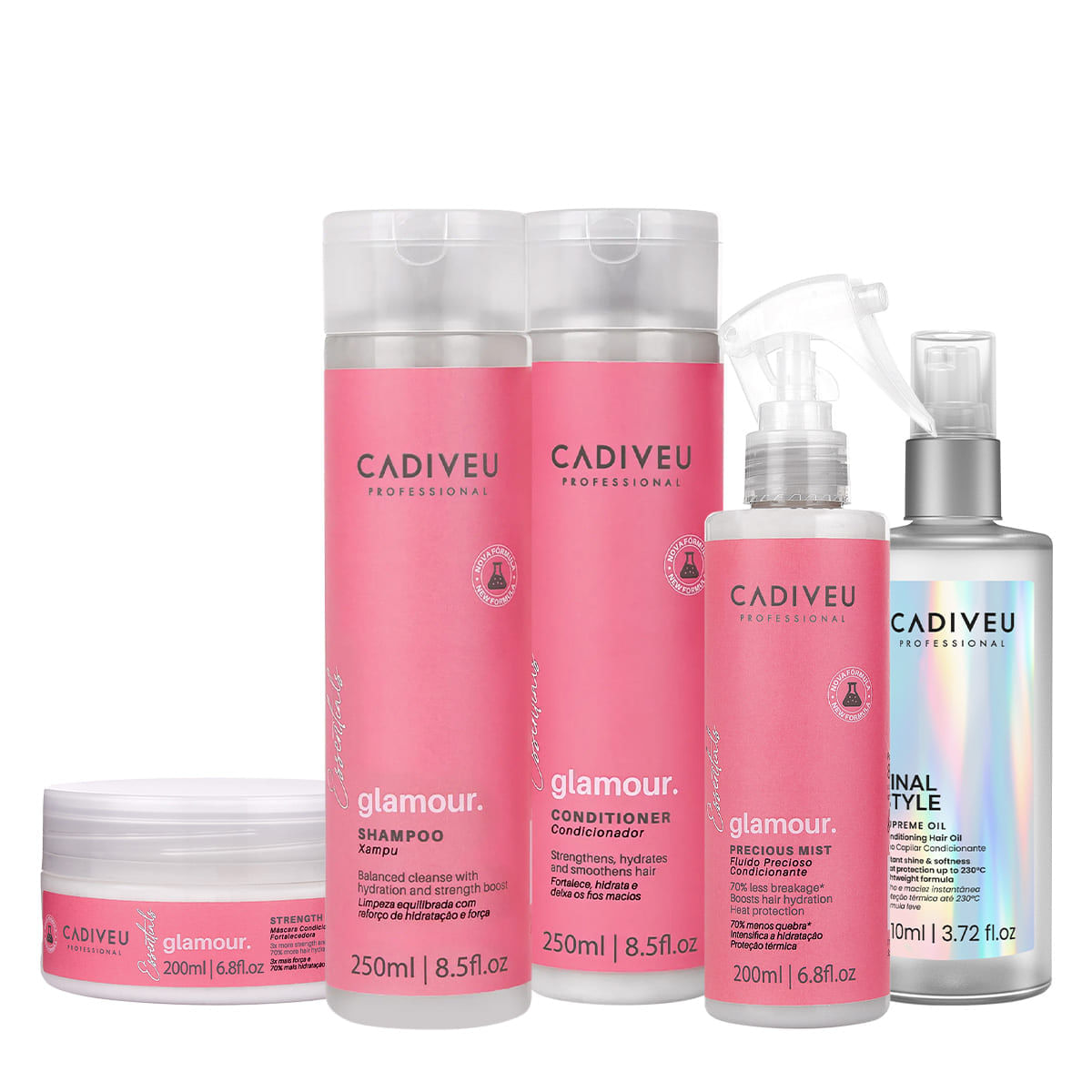 Kit Glamour Cadiveu Professional Shampoo 250ml + Condicionador 250ml + Máscara 200ml + Leave-in 200ml + Óleo Capilar 110ml