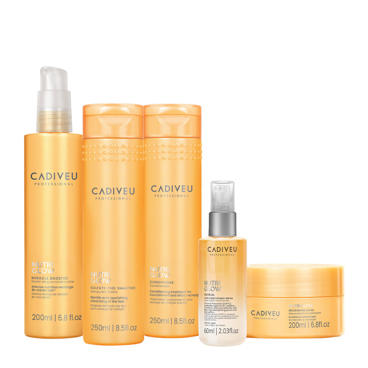 Kit Nutri Glow Cadiveu Shampoo 250ml + Condicionador 250ml + Máscara Nutritiva 200ml + Fluído De Tratamento 200ml + Óleo Capilar 60ml