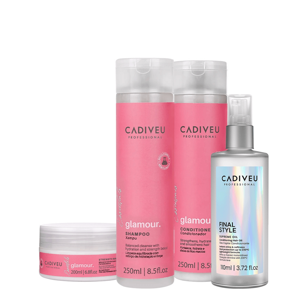 Kit Glamour Cadiveu Professional Shampoo 250ml + Condicionador 250ml + Máscara 200ml + Óleo Capilar 110ml