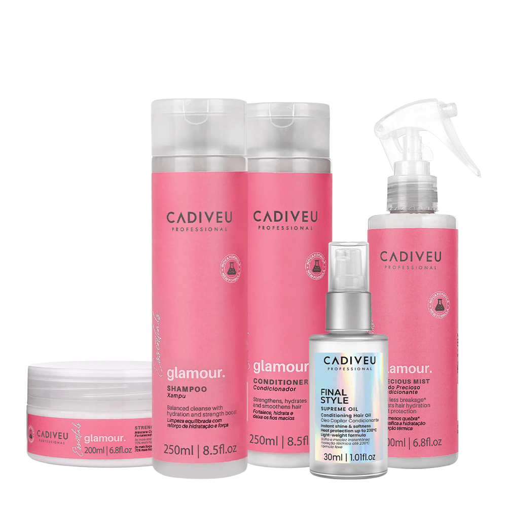 Kit Glamour Cadiveu Professional Shampoo 250ml + Condicionador 250ml + Máscara 200ml + Leave-in 200ml + Óleo Capilar 30ml