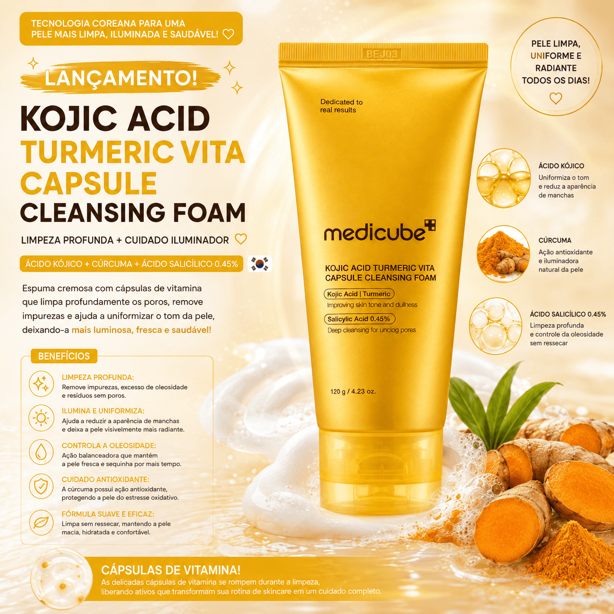 Espuma de Limpeza Facial Kojic Acid Turmeric Vita Capsule Medicube 120g
