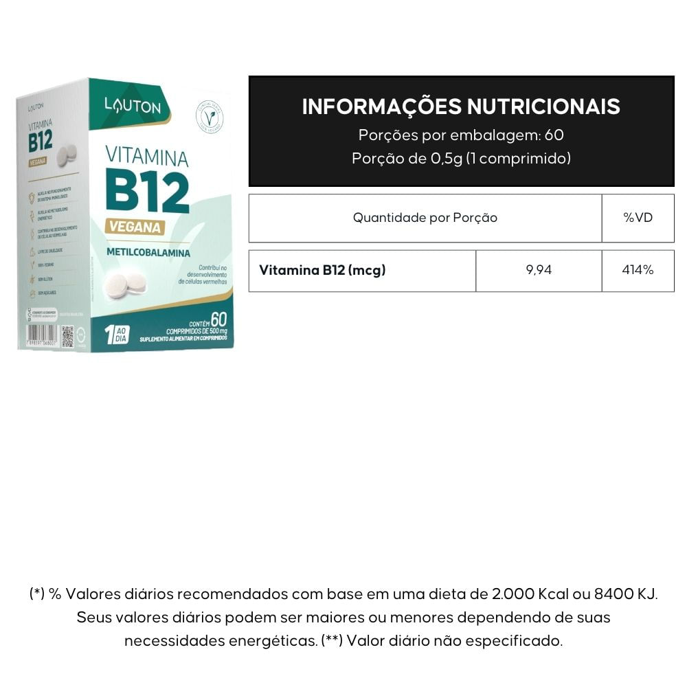 Suplemento Alimentar Vitamina B12 Vegana Lauton 60 Comprimidos