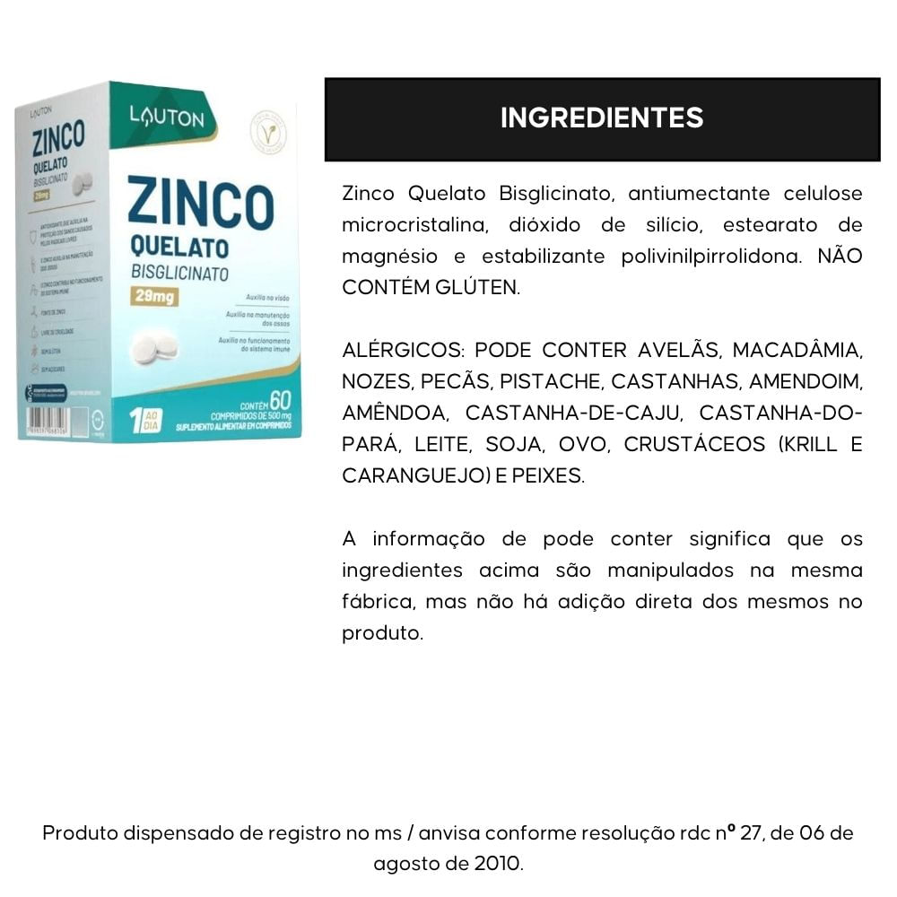 Suplemento Alimentar Zinco Quelato Lauton 60 Comprimidos