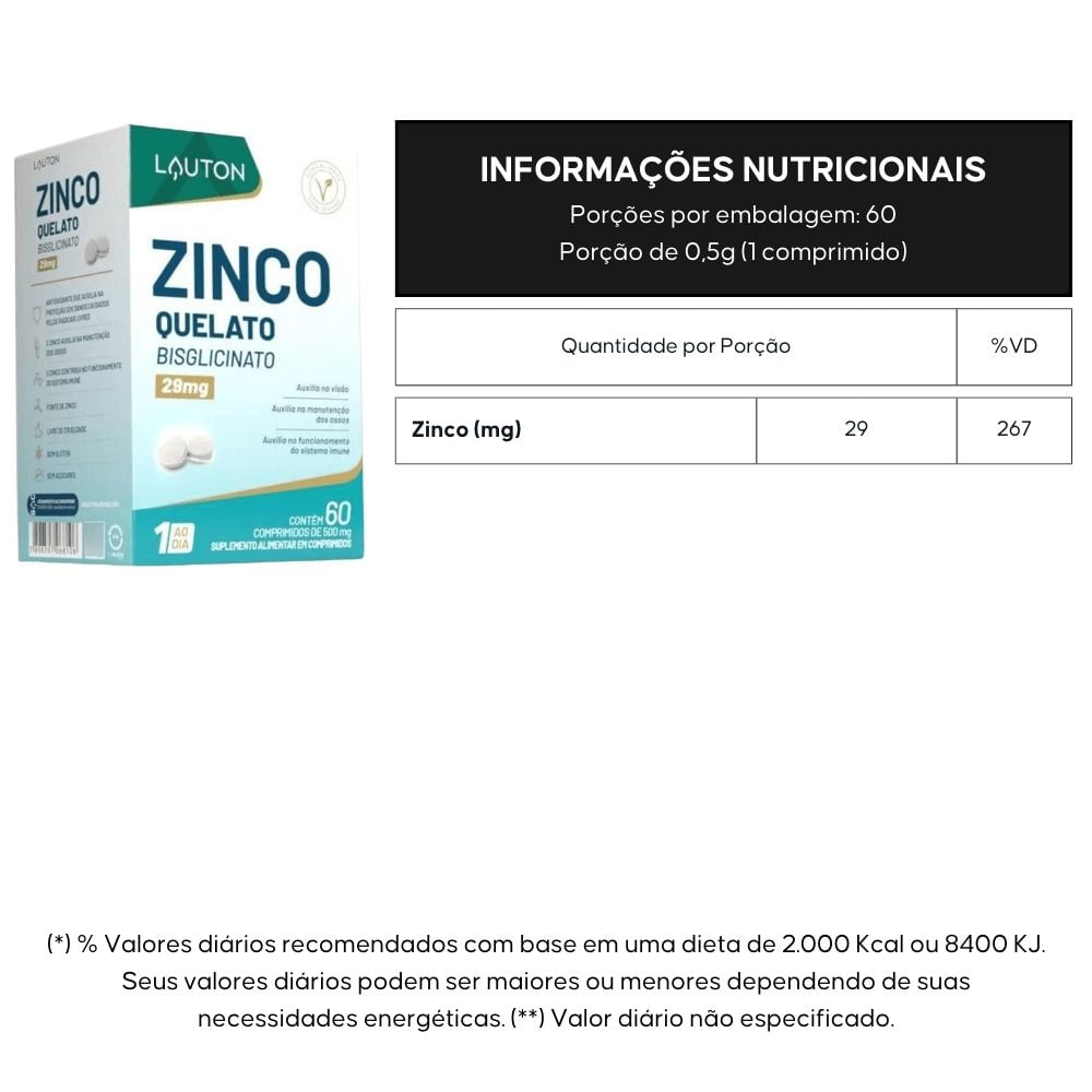 Suplemento Alimentar Zinco Quelato Lauton 60 Comprimidos