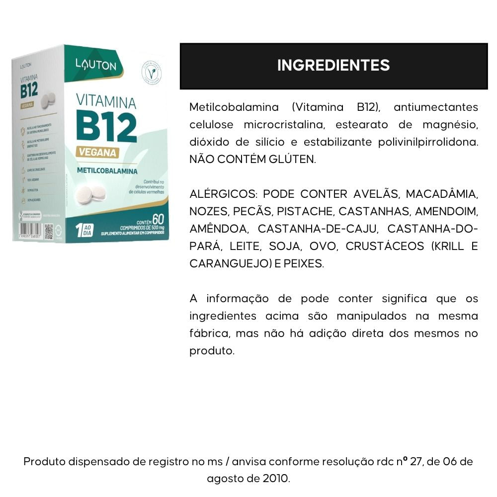 Suplemento Alimentar Vitamina B12 Vegana Lauton 60 Comprimidos