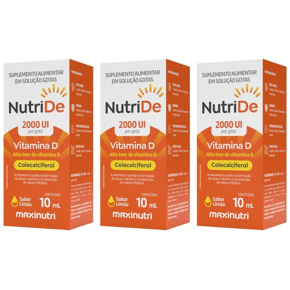 Kit 3 NutriDE Vitamina D3 Maxinutri 2000ui Em gotas 10ml