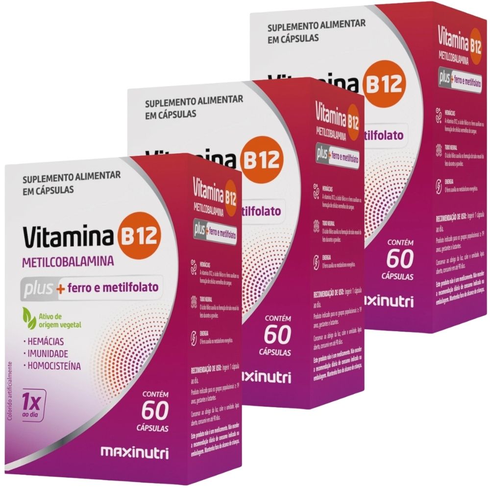 Kit 3 Vitamina B12 PLUS Metil + Ferro + Ácido Fólico Maxinutri 60 Cápsulas